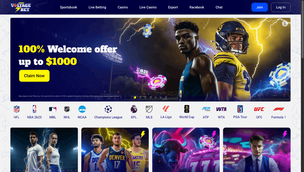 Voltage Bet online offshore casino screenshot of homepage